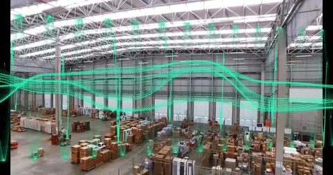 Camera panning starting green point cloud scanning warehouse, showing pallet Stock Footage 333902868