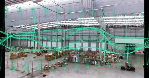 Camera panning starting green point cloud scanning warehouse, showing pallet Stock Photos