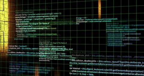 Camera panning starting green wireframe grid code sliding and gold columns 库存影片 329909323