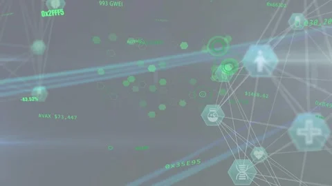 Camera panning starting network reveal, hex nodes pulsing and highlighting Stock Footage 334788049