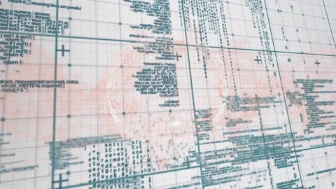 Camera panning, starting scan, schematic data grid forming teal columns aligning Stock Footage 329870491