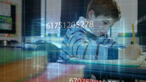 Camera panning textbooks to boy, data overlay flowing across desk, fading while Stock Footage 329752245