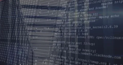 Camera panning through server aisle showing faint overlay scrolling network scan 動画素材 315614672
