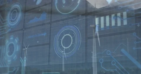 Camera panning, tiled data wall updating HUD and charts, turbines rotating for Stock Footage 322204390