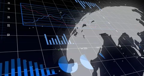 Camera panning triggers 3D globe rotating as charts sliding and bars growing to Stock Footage 328684907