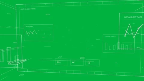 Camera panning, wireframe HUD showing panels and data cloud for metrics, Stock Footage 335781028