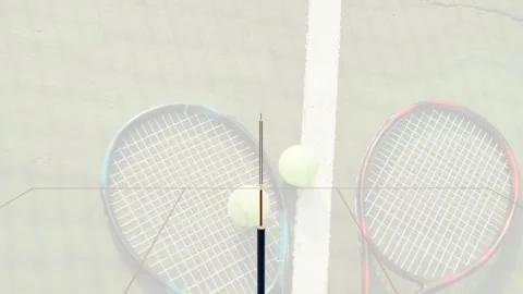 Camera panning, yellow ball sliding down white line toward blue racket, coming Stock Footage 340654671