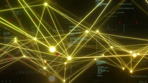 Camera panning, zooming causing yellow node mesh pulsing, hubs growing, 動画素材 334337961