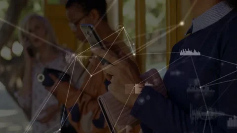 Camera panning, zooming commuters checking transit app, network nodes animating Stock Footage 332772141