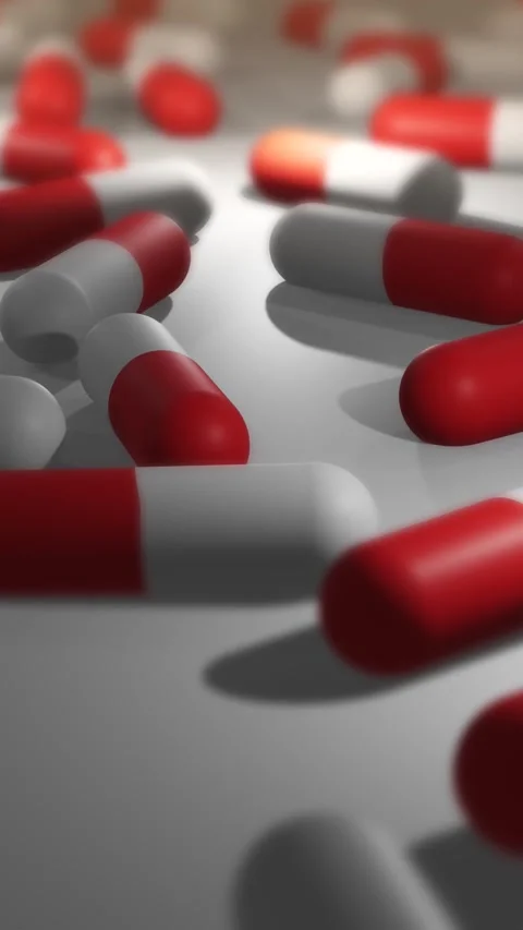 Camera Pans Across Cinematic Red and White Pill or Drug Capsules - Vertical Видео 331550738