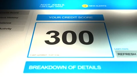 Camera pans across a credit score of 300 on generic website 스톡 동영상 318074686
