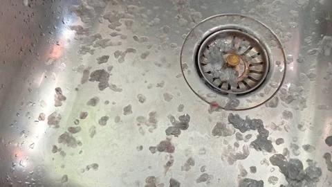 Camera pans across a sink section filled with scattered fish scales. 库存影片 340926495