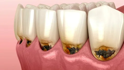 Camera pans across teeth showing severe decay and gum disease Stock-Footage 333485731