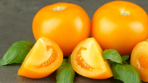 Camera pans across yellow tomatoes and basil Stock Footage 65728062