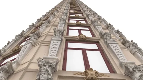 The camera pans from below to an unusual old-style polygonal skyscraper that Stock Footage 155179225