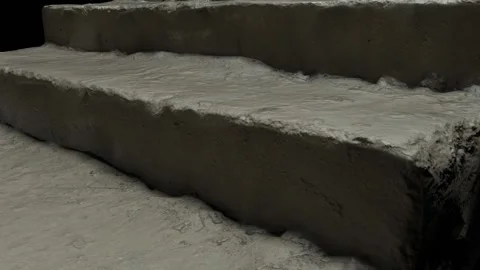 The camera pans up the chipped steps of a staircase in an old basement. Stock Footage 149199157