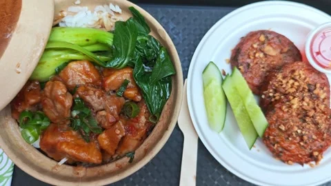 Camera pans to a close view of a chicken claypot rice Stock Footage 327680102