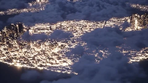 The camera pans down to a stylized pixel city. The lights of a metropolis. Stock Footage 276037687