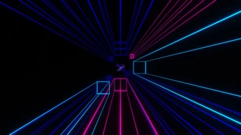 Camera pans forward past endless rows of neon glowing cubic frames on a black ba Stock Footage 310233009