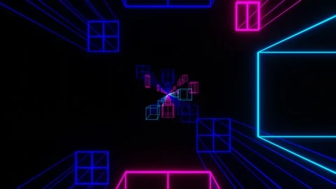 Camera pans forward past endless rows of neon glowing cubic frames on a black ba Stock Footage 310233029