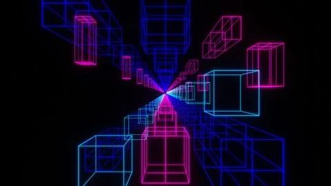 Camera pans forward past endless rows of neon glowing cubic frames on a black ba 스톡 동영상 310233035