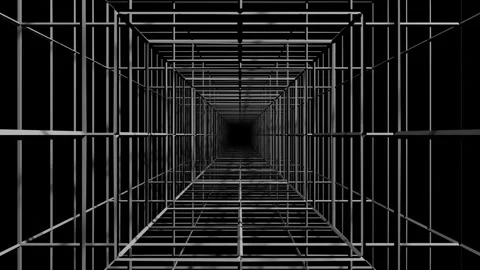 Camera pans forward past endless rows of grey bars on black background. 3d rende Stock Footage 310233061