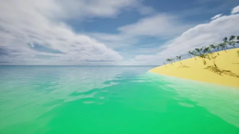 The camera pans from left to right across the blue-green sea. An island with Stockbeeldmateriaal 161054565