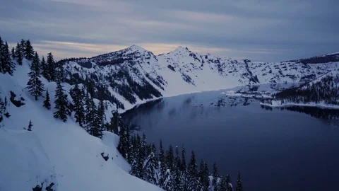 Camera Pans From Left To Right, To Reveal Wizard Island In Crater Lake At Sunset Stock Footage 73497753