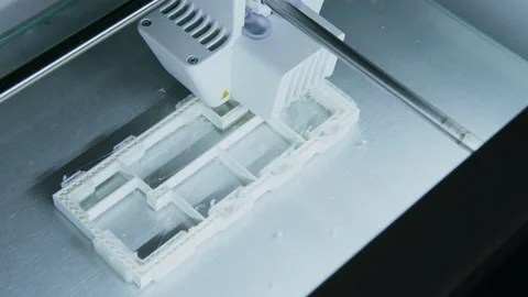 Camera Pans over a 3D Printer printing a Plastic Building model in an Stock Footage 140585523