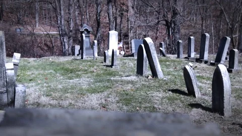 Camera pans over creepy old cemetery near Halloween on Fall at noon Stock Footage 73754794