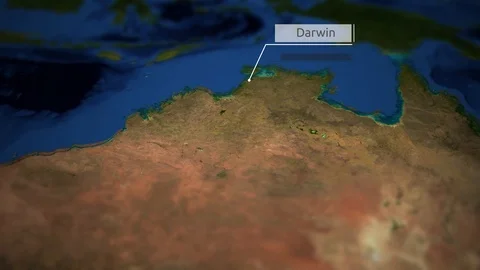 Camera pans over map of Australia with indicator - Darwin Stock Footage 88340499