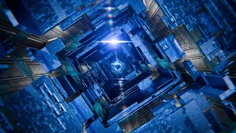 A camera pans through an endless tunnel with flashes of light. Stock Footage 340909214
