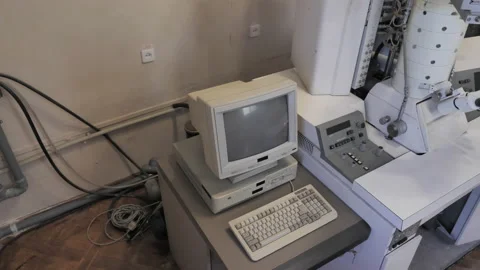 Camera Pans Top-down Old fashioned Computer In Retro Research Laboratory Stock Footage 157994096
