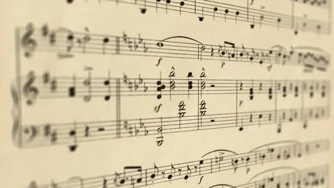Camera parallax slide over yellowed music score - close up Video stock 124614851
