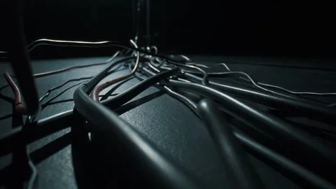 Camera passes between cables, macro shooting of cables, Laowa 24 mm Stock Footage 213930490
