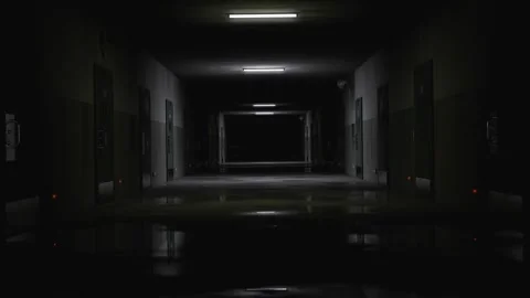 Camera passing by empty prison corridor with flickering lights. 3d render. Stock Footage 257610358