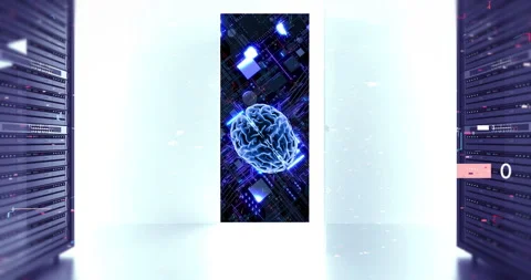 Camera passing through server door to glowing AI processor. Stock Footage 332293813