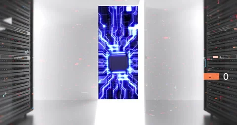 Camera passing through server room door to advanced computer motherboard. Stock Footage 332272923