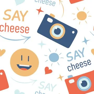 Camera pattern, emoticon and text Say Cheese. Take a photo. Snapshot. Smile for Stock Illustration