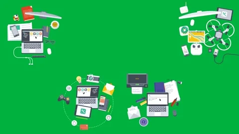 Camera phone notebook pen on green screen Chroma key cartoon 4k Elements Stock Footage 309641116