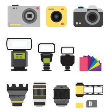 Camera photo vector studio icons optic lenses types objective retro photography Stock Illustration