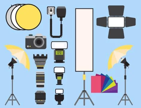 Camera photo vector studio icons optic lenses types objective retro photography Stock Illustration