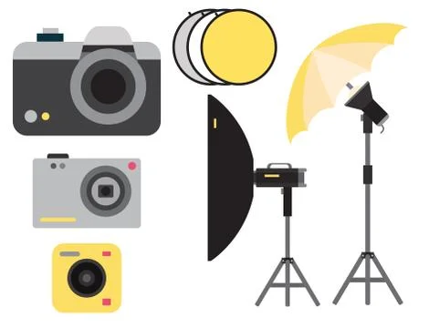 Camera photo vector studio icons optic lenses types objective retro photography Stock Illustration