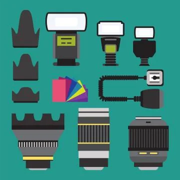 Camera photo vector studio icons optic lenses types objective retro photography Stock Illustration