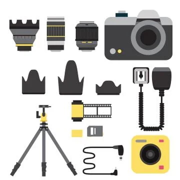 Camera photo vector studio icons optic lenses types objective retro photography Stock Illustration
