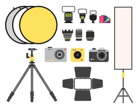 Camera photo vector studio icons optic lenses types objective retro photography Stock Illustration