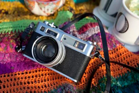 Camera on Picnic Blanket Stock Photos
