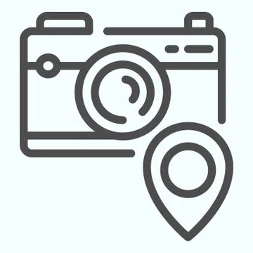Camera with pin line icon. Device to record photo vector illustration isolated Stock Illustration