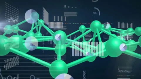 Camera pivoting and network rotating to reveal hidden green spheres while UI Stock Footage 313241196