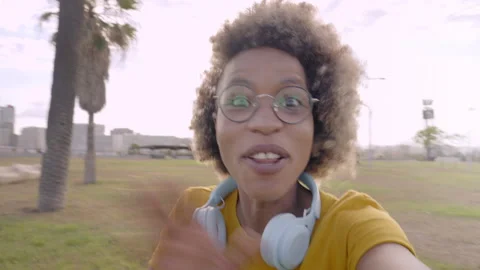 Camera point of view. African American latina woman in video call talks looking Stock Footage 170630520